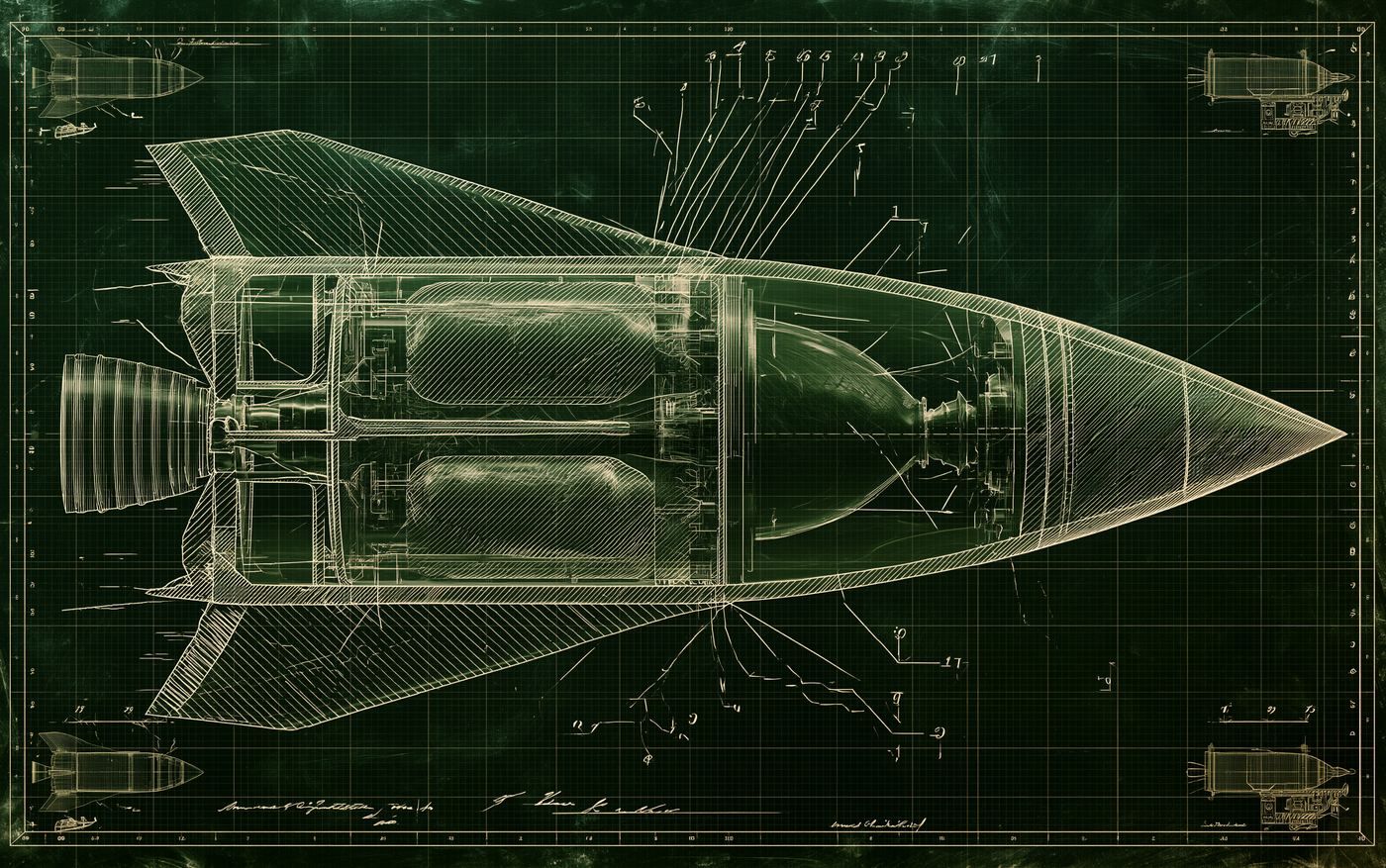 Blueprint drawing of a rocket in cutaway cross-section