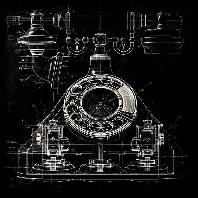 Blueprint emblem of a rotary telephone