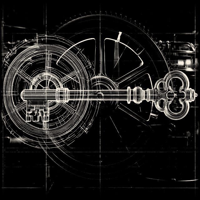 Blueprint emblem of a key and flywheel